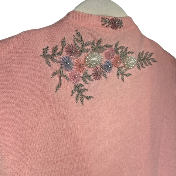 VTG 50's Floral Beaded Cardigan Sweater Pink Faux Pearl UK Sz 40 (10-12 US) EUC - Picture 11 of 12